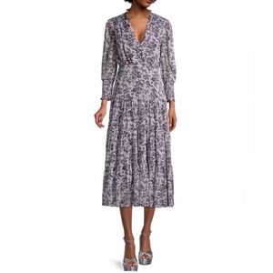 Likely Women's Smocked Hurley Midi Dress Long Sleeves Floral Lilac Size 8